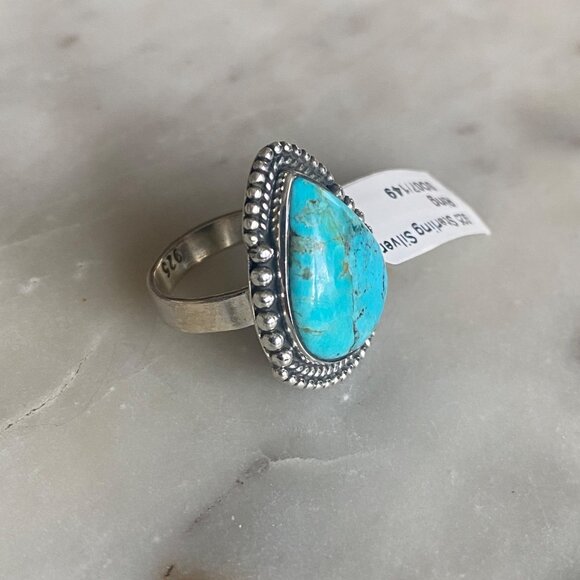 NEW Mojave Turquoise and Beaded Border Sterling Silver Ring Size 7 - Picture 2 of 5